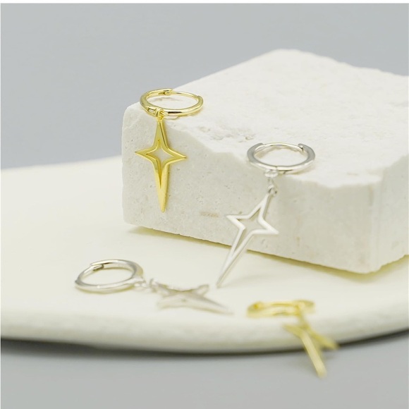 Sterling Silver Hinged Hoop 4 Point Star Cross Drop Hoop Earrings - Picture 6 of 6